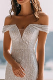 Sparkly Ivory Mermaid Sequin Maxi Wedding Reception Dress