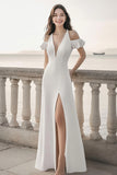 Ivory Halter Satin Long Engagement Dress with Short Puff Sleeves