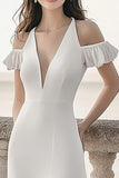 Ivory Halter Satin Long Engagement Dress with Short Puff Sleeves