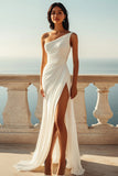One Shoulder Ivory Engagement Dress with Slit