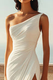 One Shoulder Ivory Engagement Dress with Slit