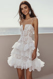 Ivory Lace Tiered Spaghetti Straps Short Engagement Dress