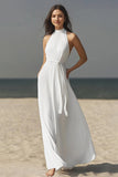 Ivory A-Line High Neck Waisted Long Engagement Dress