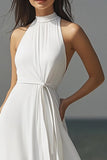 Ivory A-Line High Neck Waisted Long Engagement Dress
