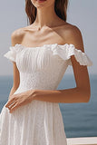 Ivory A Line Off the Shoulder Lace Engagement Dress with Ruffles