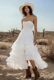 Ivory A Line Spaghetti Straps Tiered Long Engagement Dress
