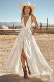 Ivory A Line V-Neck Satin Engagement Dress