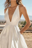 Ivory A Line V-Neck Satin Engagement Dress