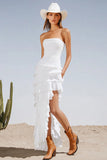 Ivory A Line Strapless Corset Tiered Engagement Dress with Slit