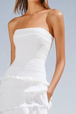 Ivory A Line Strapless Corset Tiered Engagement Dress with Slit