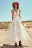Ivory Lace A Line Spaghetti Straps Long Engagement Dress