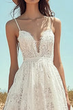 Ivory Lace A Line Spaghetti Straps Long Engagement Dress