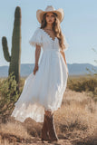 Ivory A Line V Neck Long Engagement Dress with Lace