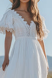 Ivory A Line V Neck Long Engagement Dress with Lace