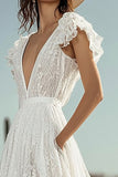Ivory Lace A Line V-Neck Long Engagement Dress with Ruffles