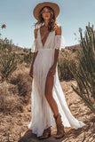 A Line Ivory Lace V-Neck Long Engagement Dress with Slit