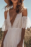 A Line Ivory Lace V-Neck Long Engagement Dress with Slit