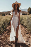 Ivory A Line V-Neck Lace Engagement Dress with Slit