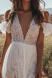 Ivory A Line V-Neck Lace Engagement Dress with Slit