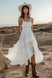 Ivory A Line Spaghetti Straps Lace Engagement Dress with Ruffles