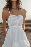 Ivory A Line Spaghetti Straps Lace Engagement Dress with Ruffles