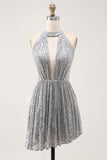 Sparkly A-Line Cut Out Short Open Back Silver Cocktail Dress