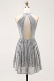 Sparkly A-Line Cut Out Short Open Back Silver Cocktail Dress