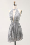 Sparkly A-Line Cut Out Short Open Back Silver Cocktail Dress