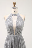 Sparkly A-Line Cut Out Short Open Back Silver Cocktail Dress