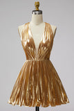 Gold Short A-Line Pleated Cocktail Dress