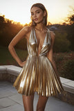 Gold Short A-Line Pleated Cocktail Dress