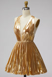 Gold Short A-Line Pleated Cocktail Dress