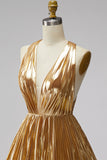 Gold Short A-Line Pleated Cocktail Dress