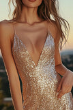 Gold V-Neck Bodycon Cocktail Dress