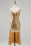 Metallic Bodycon Gold Strapless Ruched Short Cocktail Dress with Ruffles