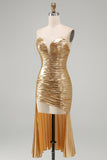 Metallic Bodycon Gold Strapless Ruched Short Cocktail Dress with Ruffles