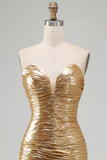 Metallic Bodycon Gold Strapless Ruched Short Cocktail Dress with Ruffles