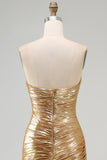 Metallic Bodycon Gold Strapless Ruched Short Cocktail Dress with Ruffles