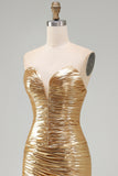 Metallic Bodycon Gold Strapless Ruched Short Cocktail Dress with Ruffles