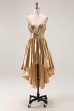 Metallic Gold High-Low A-Line Midi Cocktail Dress