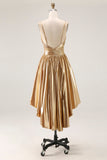 Metallic Gold High-Low A-Line Midi Cocktail Dress