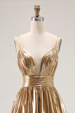 Metallic Gold High-Low A-Line Midi Cocktail Dress