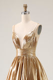 Metallic Gold High-Low A-Line Midi Cocktail Dress