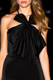 Black Bodycorn Halter Satin Short Cocktail Dress with Ruffles