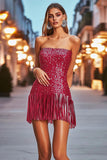 Bodycorn Sequins Fringes Fuchsia Strapless  Short Cocktail Dress
