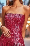Bodycorn Sequins Fringes Fuchsia Strapless  Short Cocktail Dress