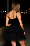 A-Line Black Spaghetti Straps Velvet Short Cocktail Dress with Ruffles