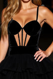 A-Line Black Spaghetti Straps Velvet Short Cocktail Dress with Ruffles