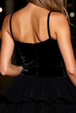 A-Line Black Spaghetti Straps Velvet Short Cocktail Dress with Ruffles