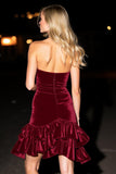Burgundy A-Line Strapless Ruffled Velvet Short Cocktail Dress